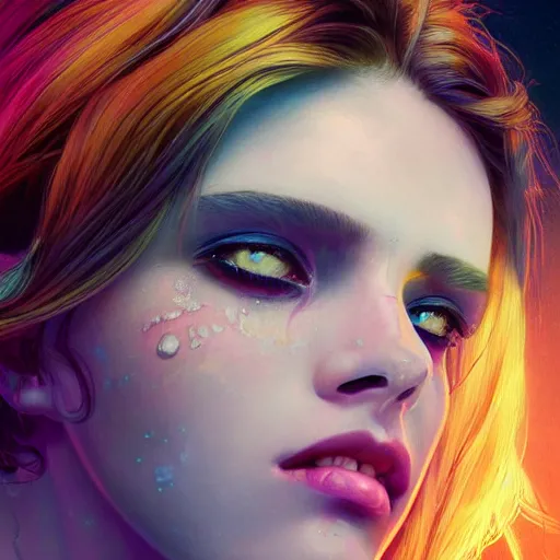 Image similar to young woman, gorgeous face, vaporwave aesthetic, synthwave, colorful, psychedelic, broken, shattered, beaten, sadness, crying, tears, artstation, concept art, smooth, extremely sharp detail, finely tuned detail, 8 k, unreal engine 5, ultra sharp focus, illustration, art by artgerm and greg rutkowski and alphonse mucha