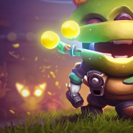 Image similar to teemo is the newest overwatch character, shooting a poison dart, poison mushrooms, octane render, blender render, unreal engine, standing pose, cinematic lighting, symmetrical