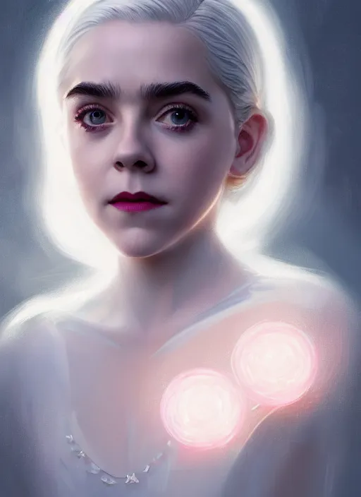 Image similar to portrait of kiernan shipka as sabrina spellman, white hair, intricate, elegant, glowing lights, highly detailed, digital painting, artstation, concept art, smooth, sharp focus, illustration, art by wlop, mars ravelo and greg rutkowski