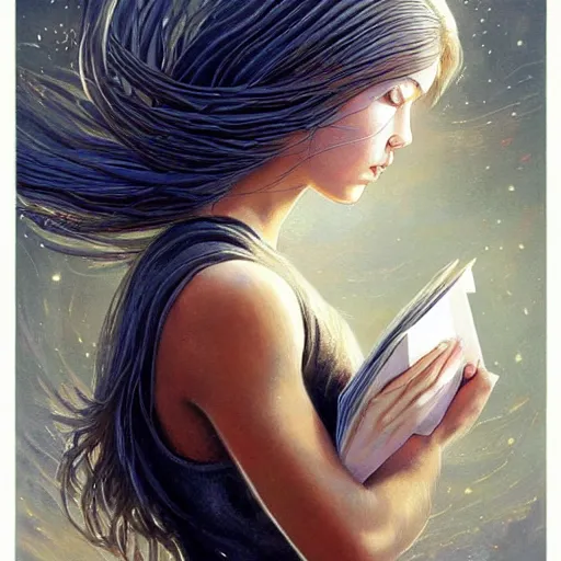 Prompt: An incredible fantastical painting of a girl reading book, hair flowing down | symmetric!, anatomically correct | by Greg Rutkowski and Greg Staples with James Gurney | hyperrealism artwork beautiful detailed painting | trending on Artstation