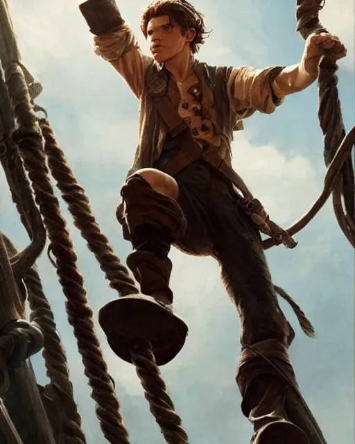 Image similar to tom holland as a pirate, standing on the mast, fine face, fine detailed face, long hair, realistic shaded lighting poster by greg rutkowski, cinematic lighting, sharp focus, highly detailed attributes and atmosphere