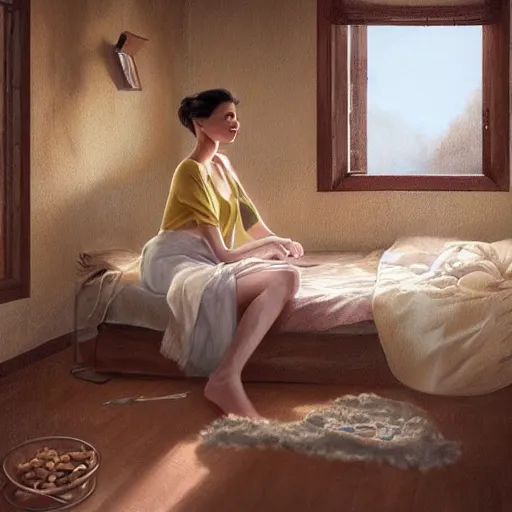 Image similar to lady who wakes up in the morning exactly as the coffee is made then doesn't make anymore but goes to the bedroom to start a space for music for 6 hours. heraldo ortega, mandy jurgens digital art, golden ratio, art canvas, award winning, masterpiece artstation 8 k 1 5 0 mpx