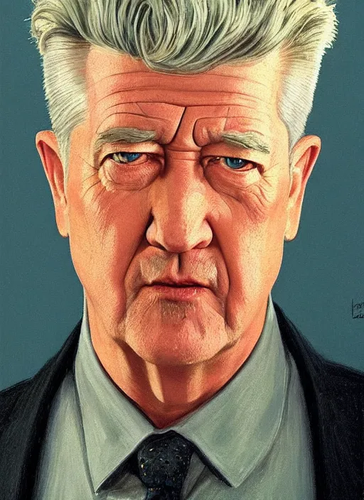 Image similar to portrait of David Lynch, highly detailed, centered, solid color background, digital painting, artstation, concept art, smooth, sharp focus, vintage grainy 1970s illustration, Basil Gogos, donato giancola, Joseph Christian Leyendecker, Les Edwards, Ed Repka, Wayne Barlowe,