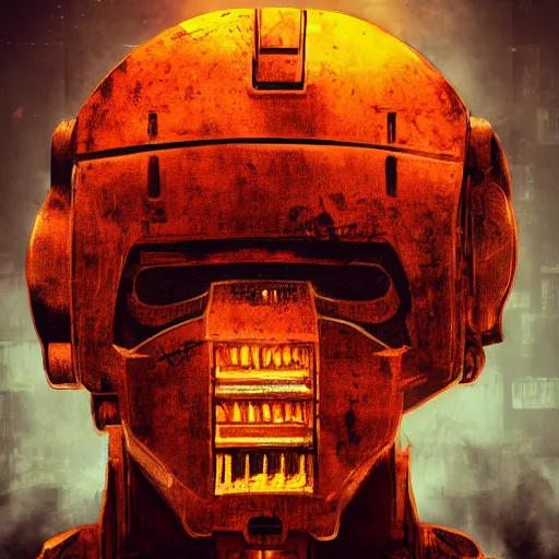 Prompt: head of mecha made of toaster, dark messy smoke - filled cluttered workshop, dark, dramatic lighting, orange tint, cinematic, highly detailed, sci - fi, futuristic, movie still