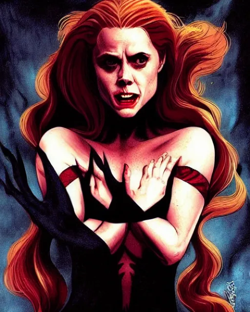 Prompt: vampire : : rafeal albuquerque comic art, titian : : gorgeous amy adams : : sharp teeth, open mouth sneer : : symmetrical face, symmetrical eyes : : gorgeous red hair : : magic lighting, low spacial lighting : :
