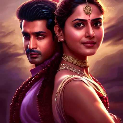 Image similar to perfectly centered bollywood movie promotional poster of anatomically correct hero and heroine glamourous romantic pose, faces symmetrical ; real life portrait, ultra realistic, high coherence, intricate, hdr, highly detailed, photorealistic, octane render, 8 k, unreal engine ; art by artgerm, greg rutkowski, charlie bowater