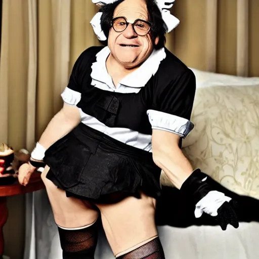 Image similar to Danny Devito wearing a maid outfit, cat ears, and thigh highs