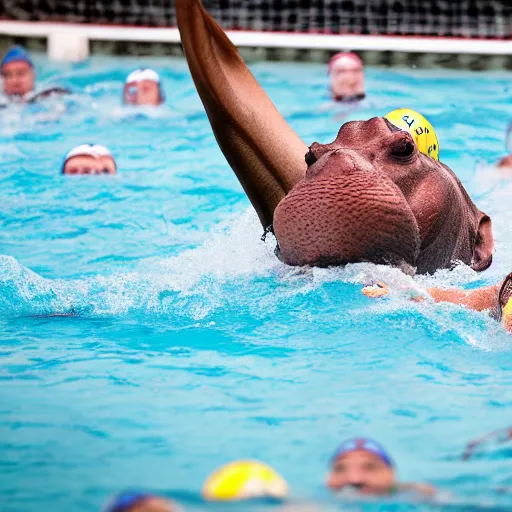 Image similar to hippopotamuses playing water polo with people. sports photograph.