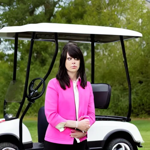 Image similar to april ludgate standing in front of a pink golf cart