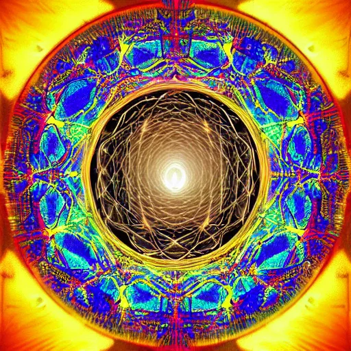 Image similar to god sitting in the center of the multi dimensional latent space conceptualizing our collectively designed divine imaginations, style of visionary art