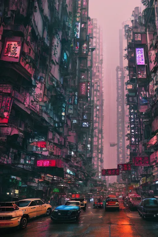 Image similar to cinematic photo of ancient overgrown cyberpunk hong kong with cars and people, night, rain, flowers, beautifully lit, hyperdetailed, unreal engine, photorealistic, denis villeneuve film look, blade runner set