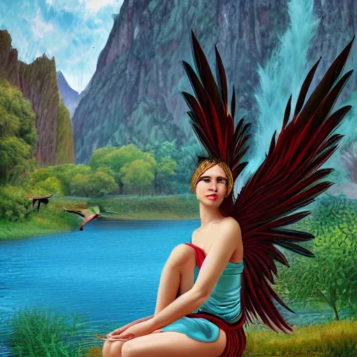 Prompt: prompt Young Woman, wearing Inka clothes, Harpy, red feathered wings for arms, bird legs, sad expression, sitting at a pond, mountainous area, trees in the background, digital art