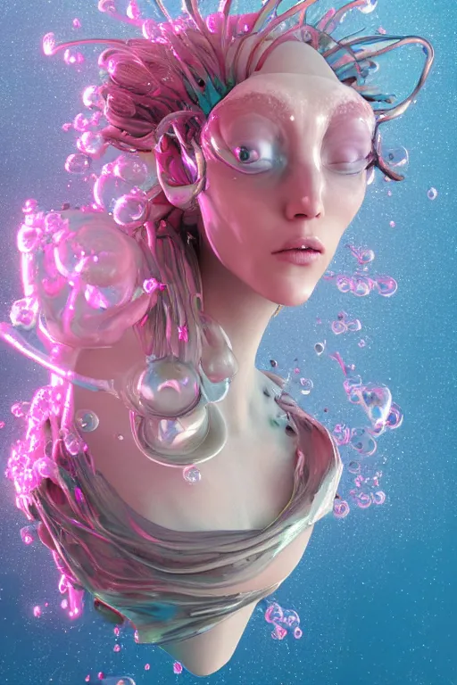 Image similar to epic 3 d abstract model, liquid headdress, 2 0 mm, with pastel pink and cerulean squirming bubbles, melting smoothly into other faces, liquid, delicate, beautiful, intricate, houdini sidefx, trending on artstation, by jeremy mann and ilya kuvshinov, jamie hewlett and ayami kojima