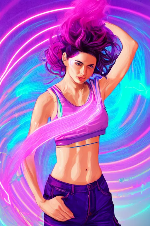 Image similar to a award winning half body portrait of a beautiful woman in a croptop and cargo pants with ombre purple pink teal hairstyle and hands in pockets by ari liloan, surrounded by whirling illuminated lines, outrun, vaporware, shaded flat illustration, digital art, trending on artstation, highly detailed, fine detail, intricate