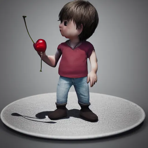 Image similar to close - up of a tiny!!! boy standing on a plate!!! and carrying a ( beachball - sized ) cherry in his arms, ultra realistic, highly detailed, sharp focus, cinematic lighting, mood lighting, realistic, vivid colors, photorealistic, artstation