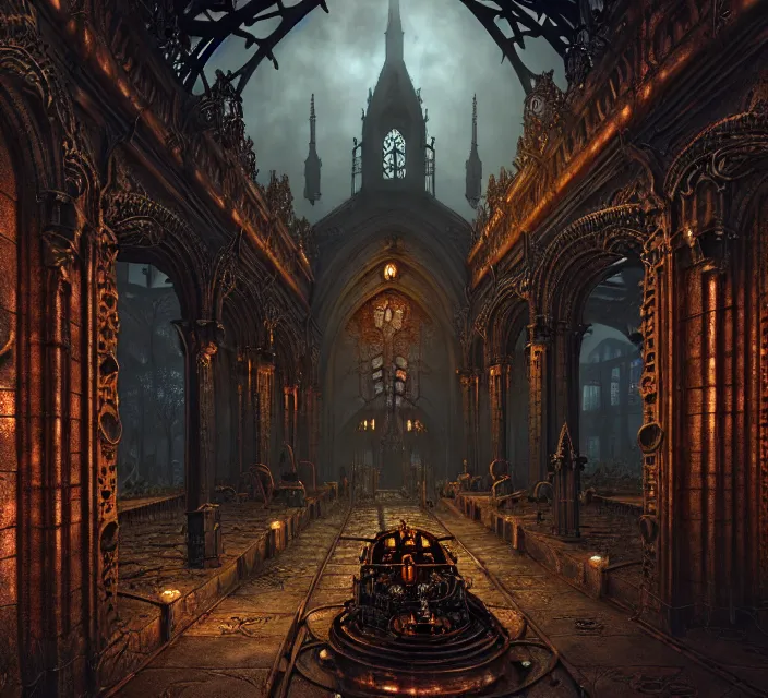 Image similar to steam necropolis, memento mori, gothic, neo - gothic, art nouveau, hyperdetailed copper patina medieval icon, stefan morrell, philippe druillet, ralph mcquarrie, concept art, steampunk, unreal engine, detailed intricate environment, octane render, moody atmospherics, volumetric lighting, ultrasharp, ominous, otherworldly