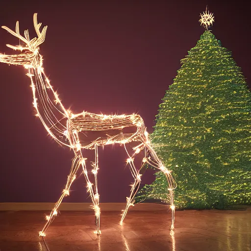 Prompt: Hyperrealistic rendering of a tall fantasy Reindeer sculpture made of wire and Christmas lights, 4k, sigma 35mm