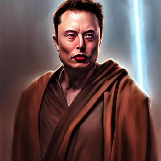 Prompt: elon musk jedi master in brown robe, style of Raymond Swanland, cinematic, artstation