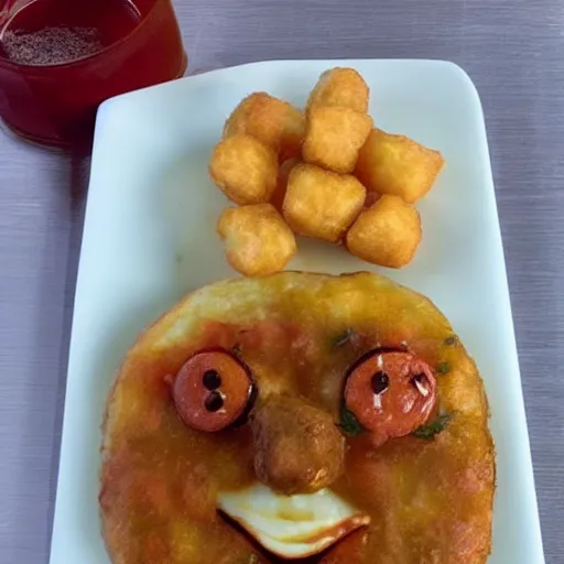 Image similar to food photo of channing tatum's face on top of giant tater tot on a plate with ketchup