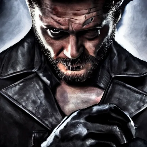 Image similar to Tom Hardy as wolverine in Black leather suit Digital art 4K quality Photorealism