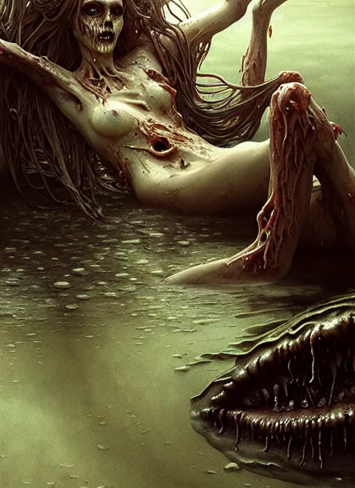 Image similar to a slimy drowned zombie man monster in shallow water, diffuse lighting, fantasy, intricate, elegant, highly detailed, lifelike, photorealistic, digital painting, artstation, illustration, concept art, smooth, sharp focus, art by john collier and albert aublet and krenz cushart and artem demura and alphonse mucha