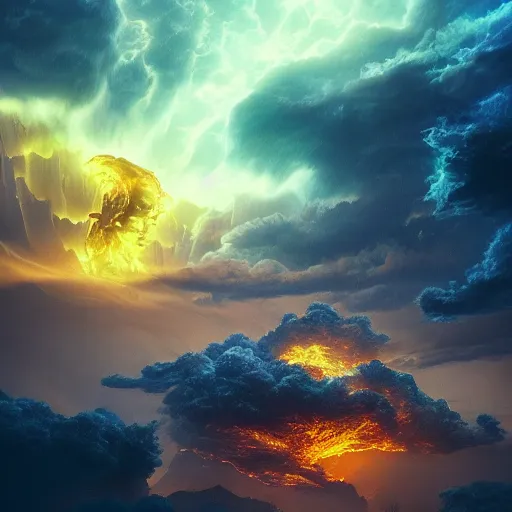 Prompt: golden eastern sky dragon, alien flowers, landscape wide shot, thunderstorm, unreal 5 render, digital art, octane render, beautiful composition, trending on artstation, award - winning photograph, masterpiece