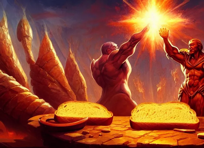 Image similar to loaves of bread bowing before a holy radiating piece of toast floating in the air, by marco bucci and frank frazetta, magic : the gathering fantasy concept art, high resolution, fantasy coloring, intricate, digital painting, artstation, smooth, sharp focus