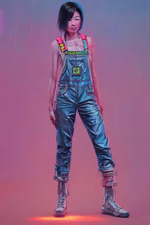 Image similar to a full body illustration of an Asian female cyberpunk character wearing dungarees, highly detailed, oil on canvas, soft lighting, neon pastel colors, by Glenn Fabry, HD, 4K