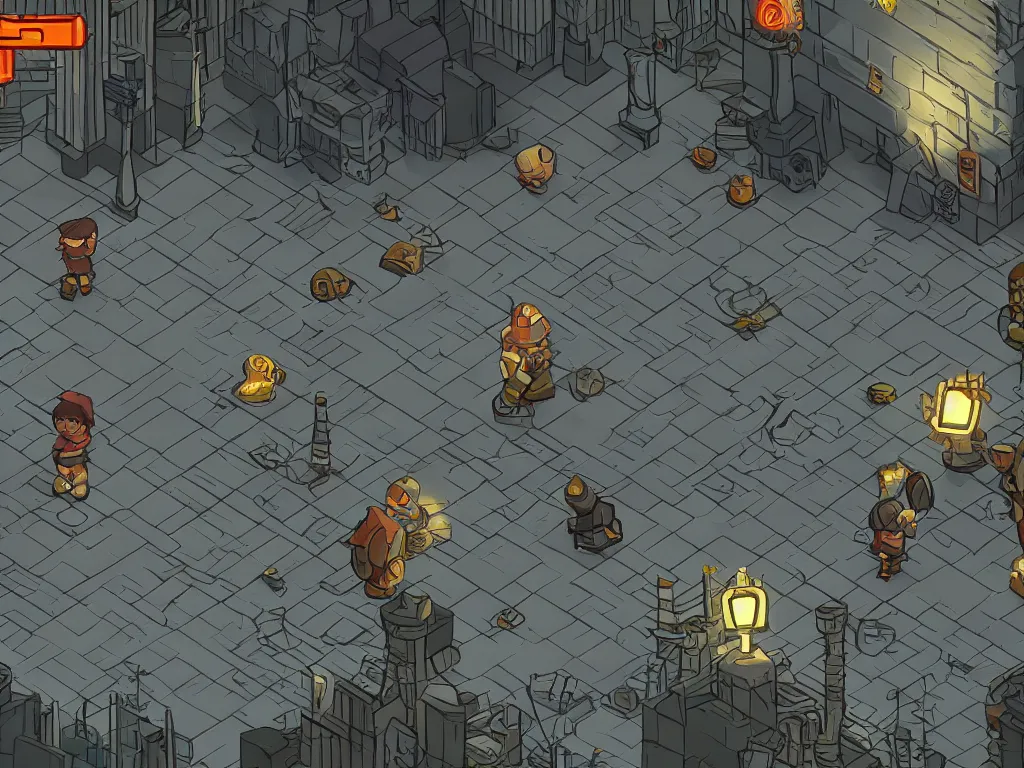 Prompt: 2D game screenshots, quarter-view, a man walking in a dark city