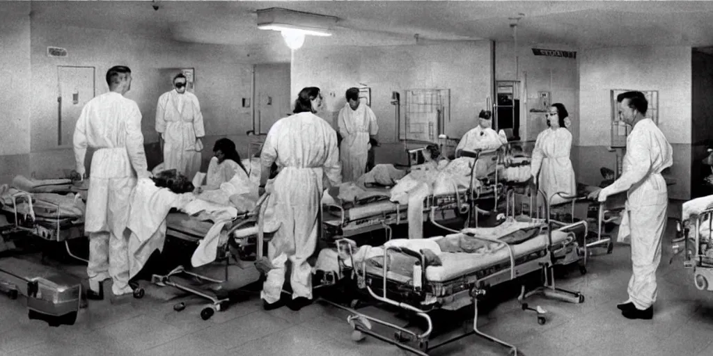 Image similar to An overcrowded hospital with bad standards in, horror movie, the outbreak can't be contained, 1950's