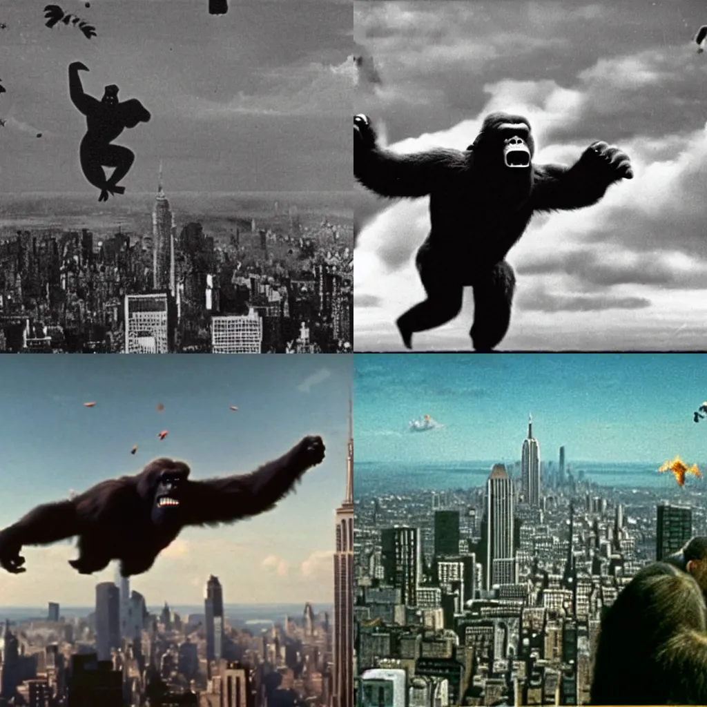 Prompt: film still of King Kong throwing poo at bi-planes atop the Empire State building