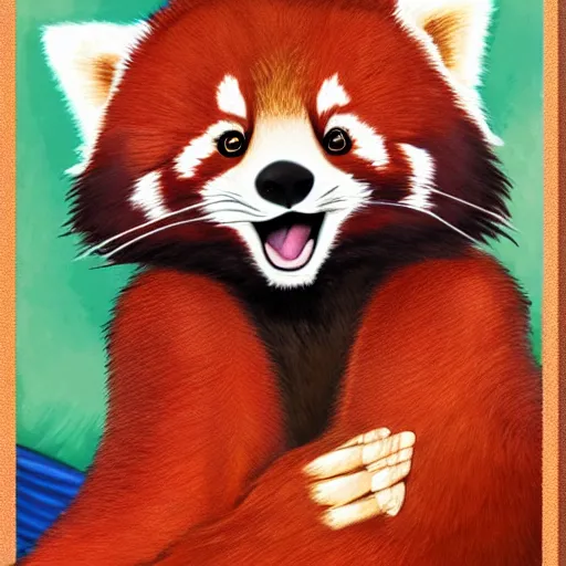 Prompt: commissioned full body portrait of an anthro! red panda waking up in bed! and yawning, trending on furaffinity,