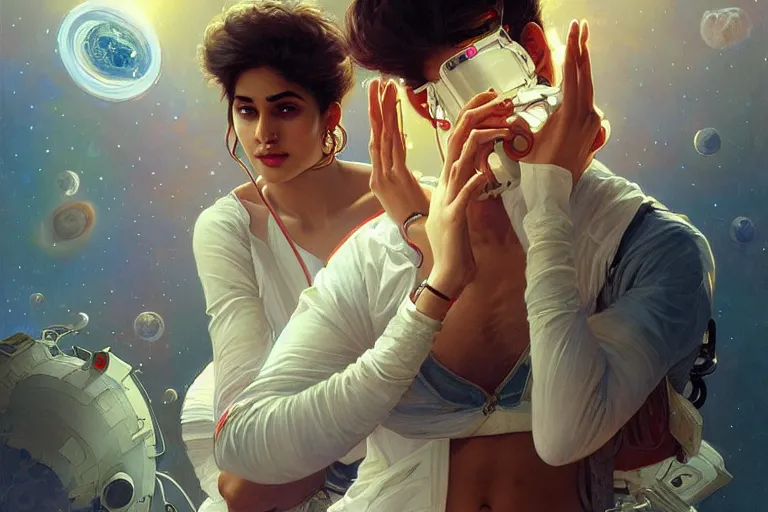 Image similar to Sensual good looking pale young Indian doctors wearing jeans partying in a space station above Earth performing surgery, portrait, elegant, intricate, digital painting, artstation, concept art, smooth, sharp focus, illustration, art by artgerm and greg rutkowski and alphonse mucha