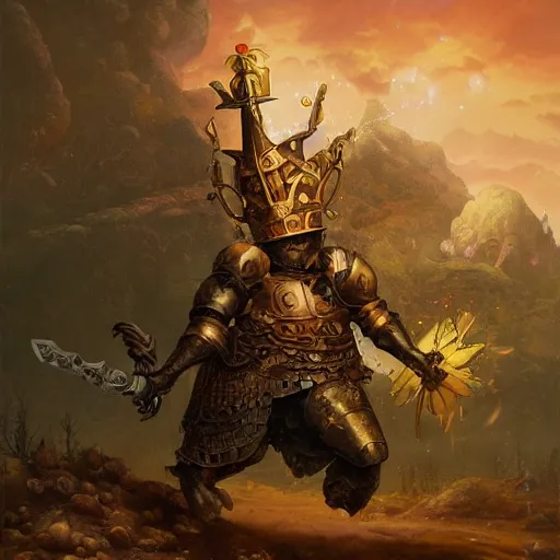 Prompt: a scene of a armored humanoid potato wearing a king crown, on mediaval battlefield, golden sword, by peter mohrbacher