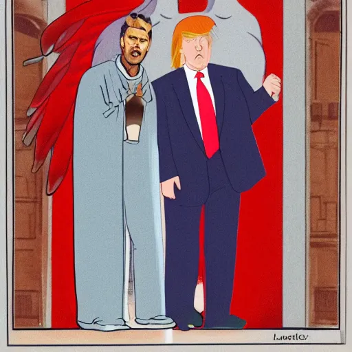 Prompt: lucifer and donald trump in a monastery yelling