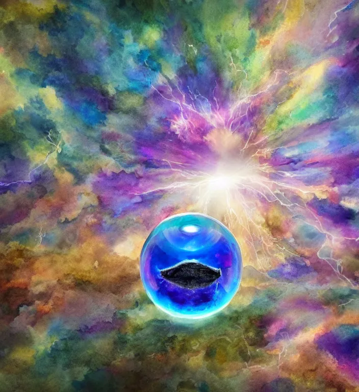 Prompt: a magical and exquisite fantasy watercolor and ink illustration of an intricate and faceted crystal ball with a world inside of it + dissolving in to light + prism + god rays + dramatic lightning + backlit + specular highlights + ambient occlusion + global illumination + bump map + reflective + caustics + refractive + unreal engine 5 + DOF + sharp focus + watercolor artwork by Alvaro Castagnet