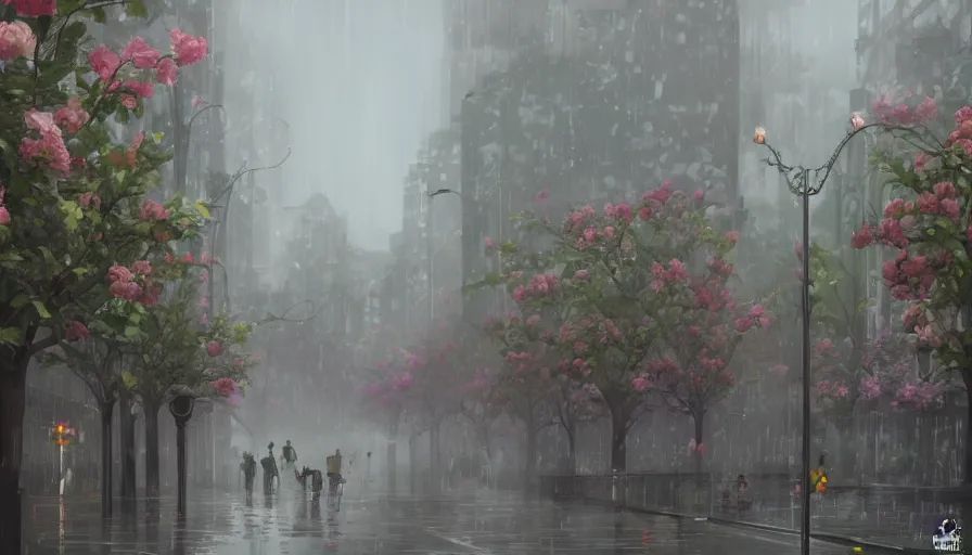 Image similar to city full of flowers, plant and trees, during heavy rain, artstation