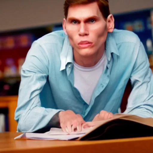 Image similar to Live Action Still of Jerma in Back to School, real life, hyperrealistic, ultra realistic, realistic, highly detailed, epic, HD quality, 8k resolution, body and headshot, film still