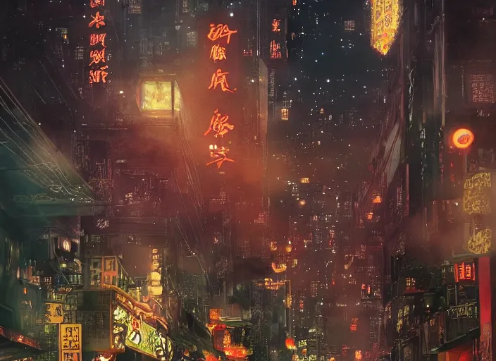 Prompt: anime of 1 9 2 0 s hong kong at night lit by the stars, wispy smoke, highly detailed face, very intricate, symmetrical, cinematic lighting, award - winning, painted by wong kar - wai and mandy jurgens and peter doig, dystopian, bold colors, dark vibes, featured on artstation