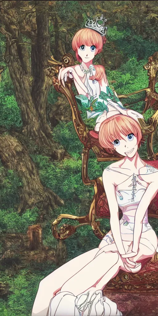 Prompt: a single queen sitting by herself on a sofa in a forest, drawn by CloverWorks, intricate detail, elegant, beauty