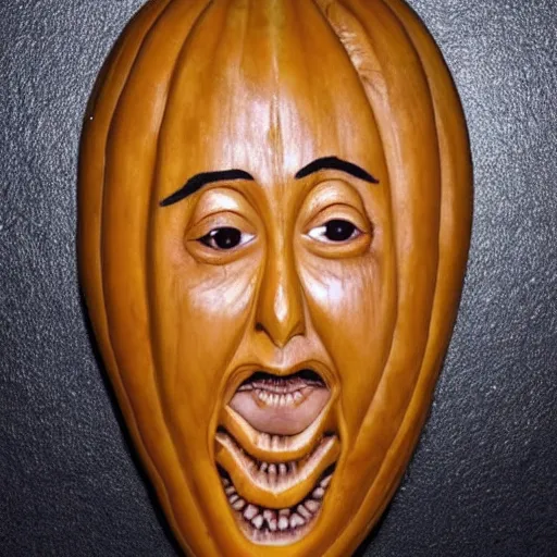 Image similar to a [ gourd ] carved shaped to look like ( amber heard face ) hybrid intercross