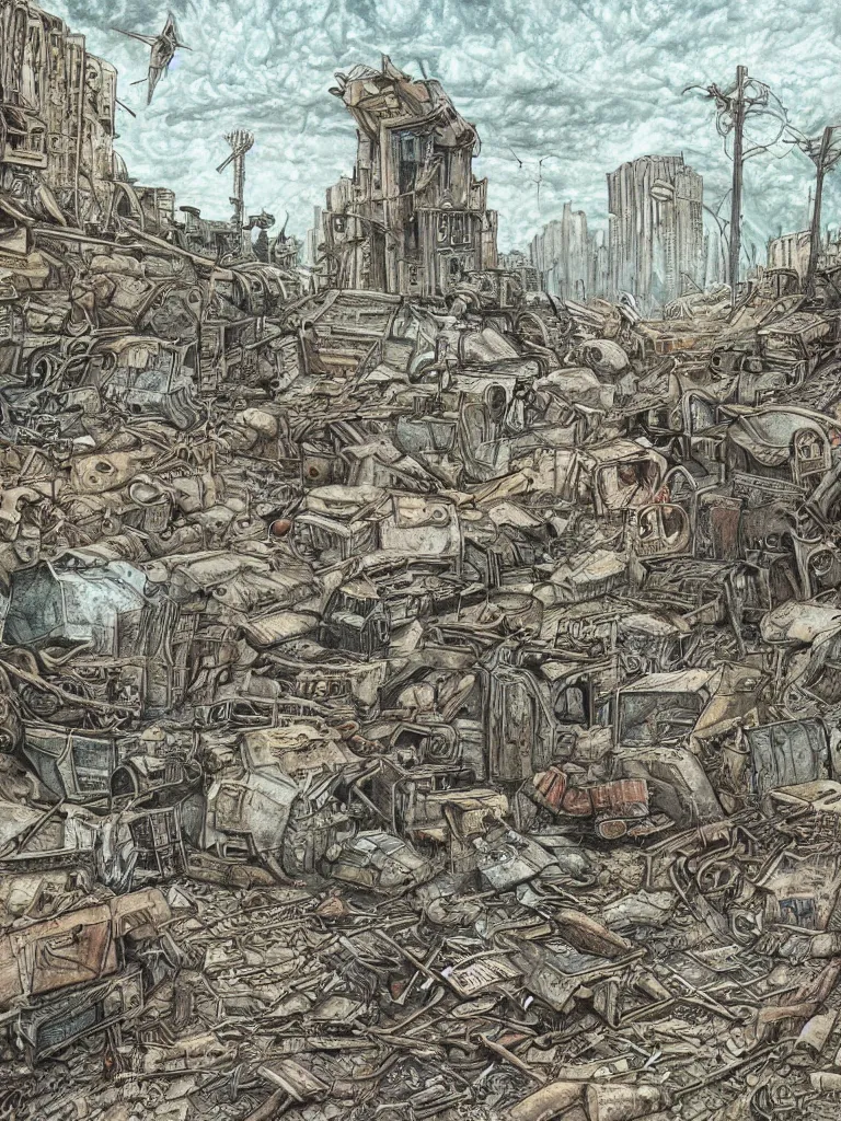 Image similar to post apocalyptic world, color pencil illustration