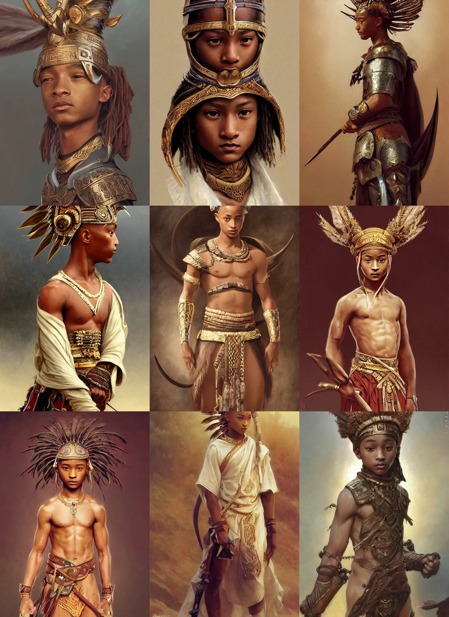 Prompt: young bald jaden smith as ancient libu warrior, ecru dress, horn headdress, intricate, elegant, highly detailed, digital painting, artstation, concept art, smooth, sharp focus, illustration, orientalism, bouguereau, rutkowski, mucha