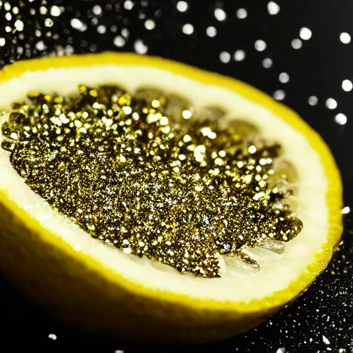 Prompt: a close up of a lemon made entirely out of glittering stardust. every speck of glitter is sharply in focus, and the stardust appears to be moving and swirling around. the background is a deep black.