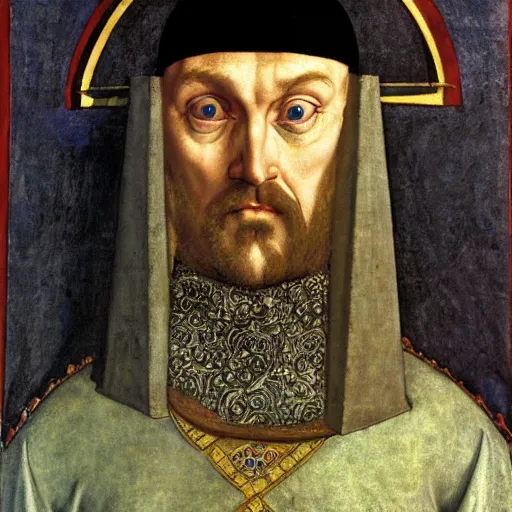 Prompt: portrait of Greg Davies as a medieval Byzantine emperor, by Angus McBride, Gentile Bellini, Piero della Francesca, and Arthur Rackham. HD face portrait.