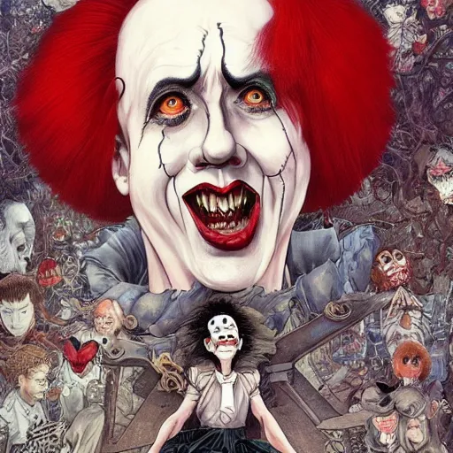 Image similar to Nicolas Cage as Pennywise from IT portrait painted in Frank frazzeta style drawn by Vania Zouravliov and Takato Yamamoto, inspired by Fables, intricate acrylic gouache painting, high detail, sharp high detail, manga and anime 2000