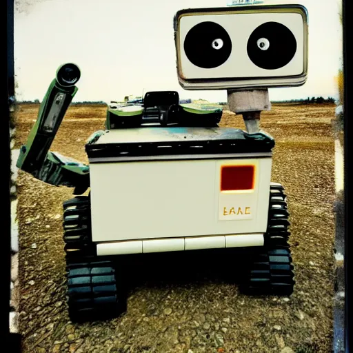 Image similar to polaroid of wall - e robot in abandoned washington city