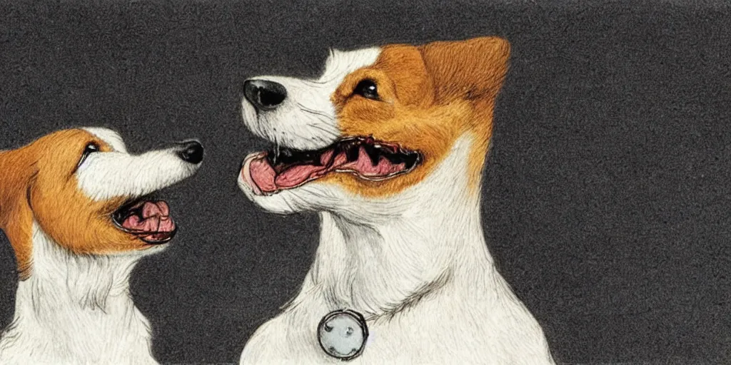 Image similar to jack russel dog looking up and howling with mouth open, highly detailed, side view, illustrated by peggy fortnum and beatrix potter and sir john tenniel