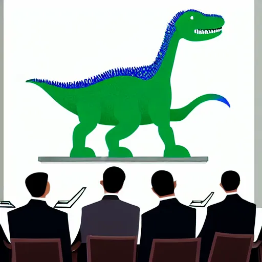 Prompt: detailed intricate colour illustration of a dinosaur doing a PowerPoint presentation in a corporate board meeting room