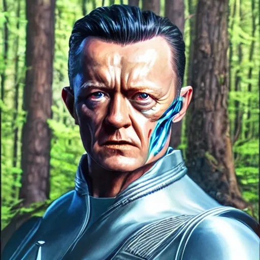 Prompt: A hyper real comic book style portait painting of T-1000 in the woods, unreal 5, hyperrealistic, octane render, cosplay, RPG portrait, dynamic lighting